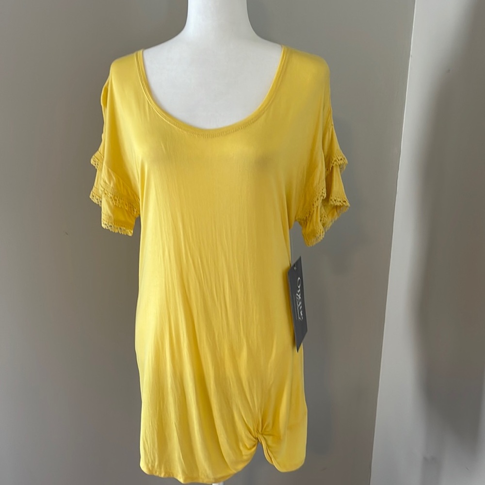 Onque Casuals Dress mini top shirt small yellow eyelet trim sleeve knot hem NWT